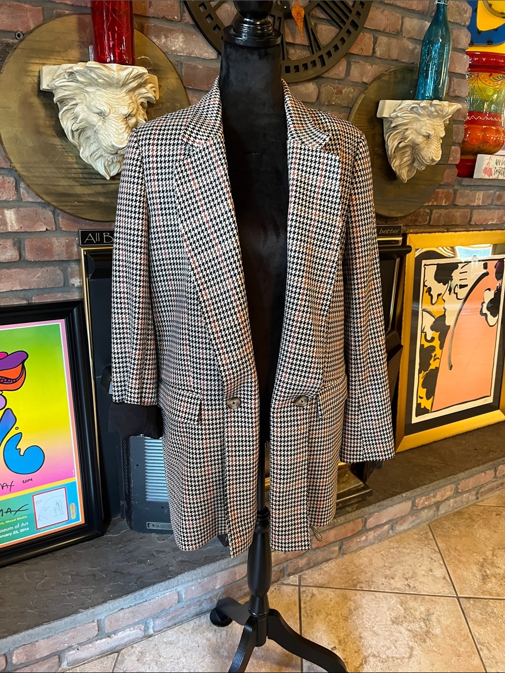 Free People Black Blazer with Houndstooth & Rust Plaid Collar